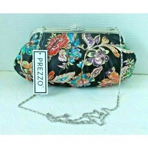 PREZZO Womens Black Satin Purse Floral Detachable Chain Clutch Bag Rhinestones